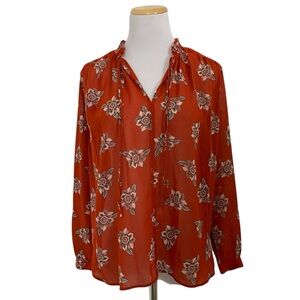 Loft Floral Ruffle Tie Neck Blouse Orange/Red Long Sleeve Women’s Medium Petite
